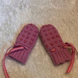 Pink Wool Knit Mittens with Ribbon